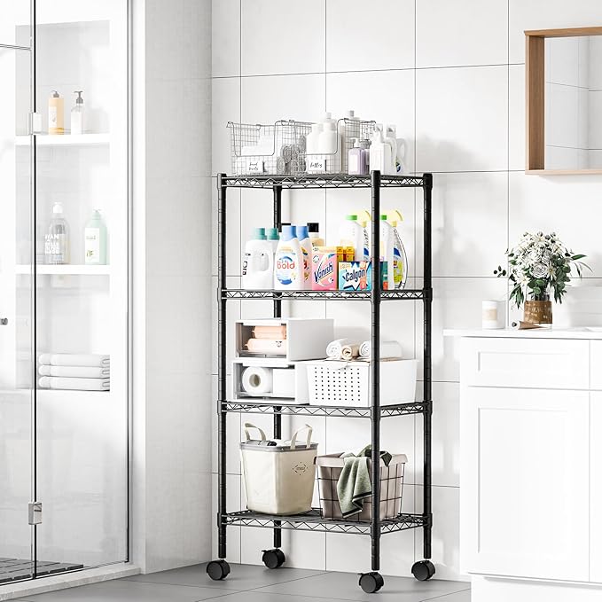 DUMOS 4-Tier Metal Wire Storage Shelves, Adjustable Standing Storage Rack Shelf with Wheels, Heavy Duty Steel Shelving Unit Organizers for Kitchen Bathroom Pantry Garage, 23.2"Wx 3.4"Dx47.1"H, Black