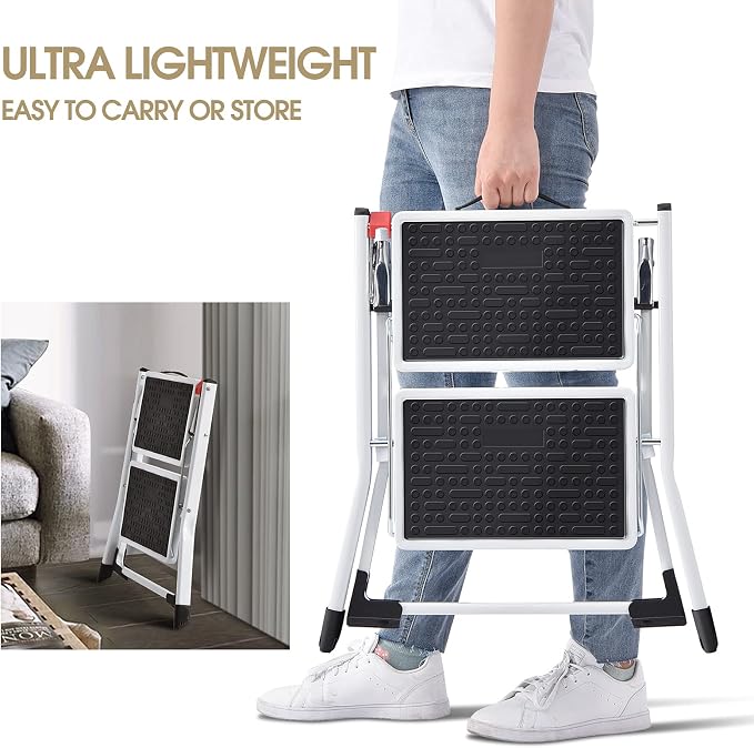 KINGRACK Folding Step Ladder, 2 Step Foldable Step Stool, Portable Stepladder with Handle, Non-Slip Rubber Mat, Release Button, Small Household Stepping Stool for Home Kitchen, for up to 330lbs, White