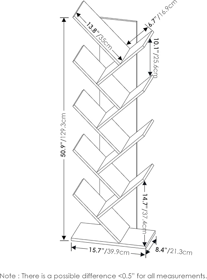 Furinno TREE Book Shelf, 9-Tier Bookshelf, Tree Bookcase with Angled Open Shelf, 8.4 x 15.7 x 50.9, Corner Shelf for Room Decor, for Living Room, Bedroom, Home Office, Espresso