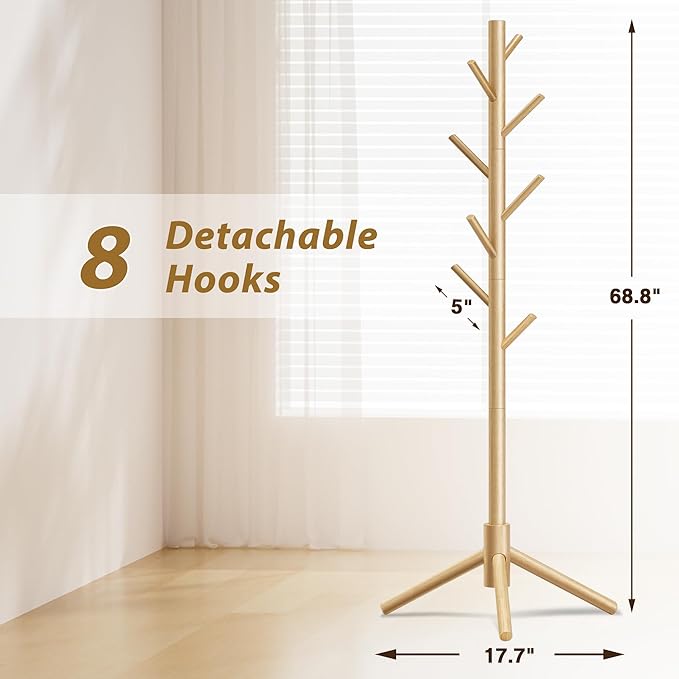 Coat Rack, Coat Racks Freestanding with 8 Hooks 3 Adjustable Heights for Clothes, Hats, Handbags, Coat Tree Easy Assembly for Entryway, Bedroom, Hallway, Office(Nature)