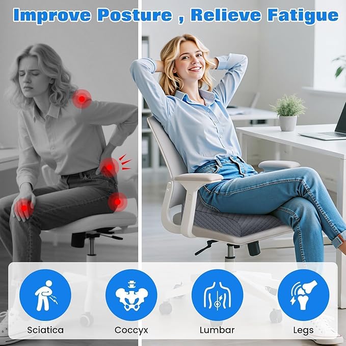 Seat Cushion for Office Chair, Memory Foam Chair Cushions, Car Seat Cushion for Long Sitting, Desk Chair Cushion for Pressure Relief, Non-Slip Bottom, Washable Cover, Large, Grey