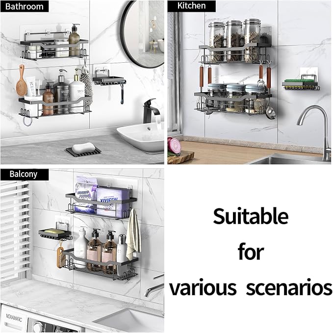 Shower Caddy Shelves Organizer, 3 Pack with Soap Holder, No Drilling Wall Mounted Self Adhesive Shelves, Matte Black