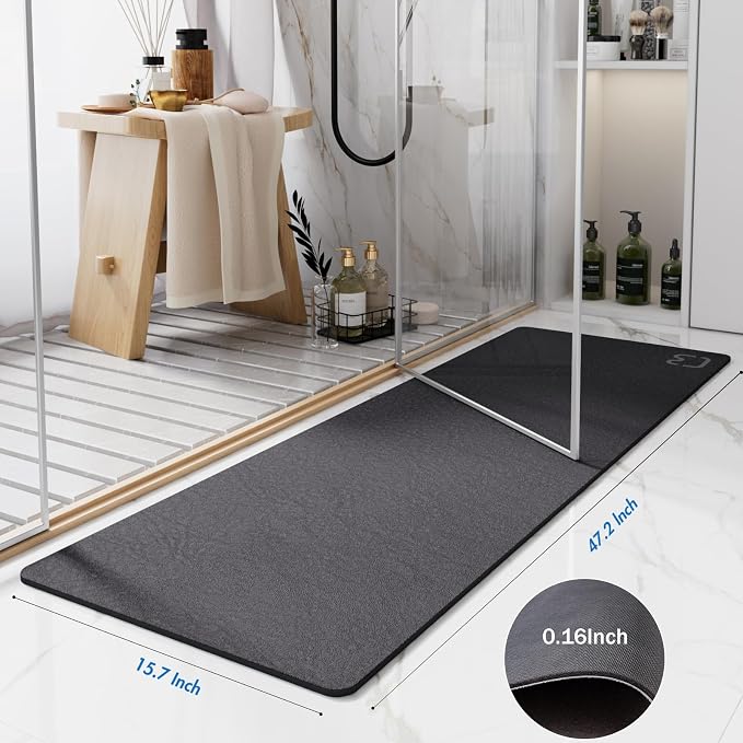 RUERYA Dark Grey Bath Mat 15.7" x 47.2" Extra Long Bathroom Mat Large Fast Dry Super Absorbent Non-Slip Rubber Backed Shower Mat Bath Rugs Mats for Bathroom Floor, Tub, Shower, Sink, Dark Gray
