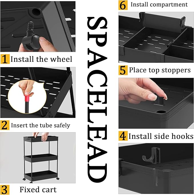 SPACELEAD Slim Storage Cart 3 Tier,Bathroom Organizer Rolling Utility,Mobile Shelving Unit Slide Out for Office, Kitchen, Laundry Room & Narrow Places,Black