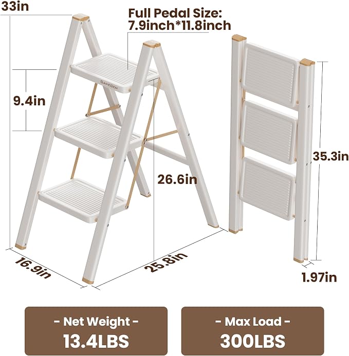 3 Step Ladder, Foldable Step Stool with Anti-Slip Pedal, Portable Iron Stepladder for Home and Kitchen, Easy to Store-Cream Chocalate(300LBS)