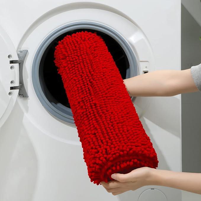 HOMEIDEAS 3 Pieces Bathroom Rugs, Ultra Soft Non Slip Absorbent Chenille Toilet Bath Mat Set (Red)