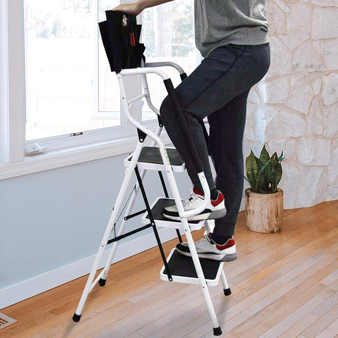 Wiberwi 3 Step Ladder with Handrails 500 lb Capacity Step Stool Folding Portable Ladders for Home Kitchen Steel Frame with Non-Slip Wide Pedal Stepladder with Attachable Tool Bag White