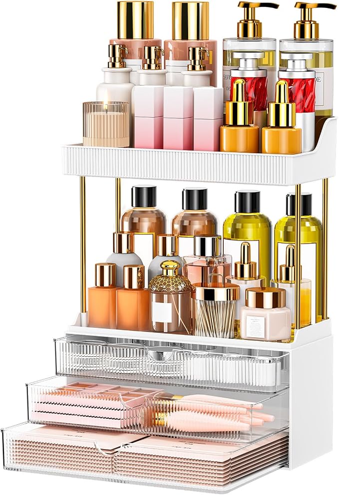 caktraie 12.2" W Makeup Organizer Drawers - 5 Tiers Bathroom Counter Organizer, Cosmetic Storage Drawer for Dresser Countertop and Bathroom Vanity for Large Skincare, Perfume, Clear
