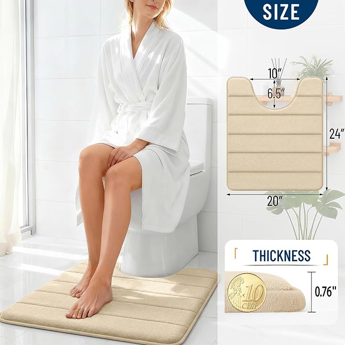 OLANLY Memory Foam Toilet Rugs U Shaped 24x20, Super Soft Absorbent Contour Bath Rugs, Quick Dry, Machine Washable Toilet Mat, Bathmat Floor Carpet, Bathroom Home Decor Accessories, Beige