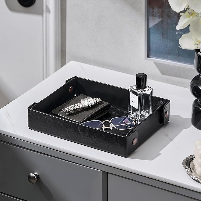 Catch All Valet Tray - EDC Organizer for Key, Wallet, Watch, Jewelry, Phone, coin change | Faux Leather Storage Tray for Dresser, Nightstand, Desk, Entryway, Travel Storage | Black
