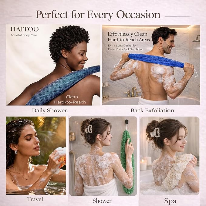 African Net Sponge Authentic, 6 Pieces African Exfoliating Net Sponge Body Back Scrubber Exfoliating Washcloth for Shower Bath for All Types (Black+Olive Green+Pink+Puple+Brown+Champagne Gold, 6 Pcs)