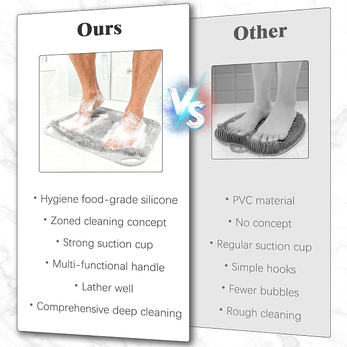 FREATECH Silicone Shower Foot Scrubber Mat 17.3" x 13", Large Foot Cleaner Brush to Clean, Exfoliate and Massage Feet Without Bending Over, Improve Foot Appearance and Overall Health, Grey