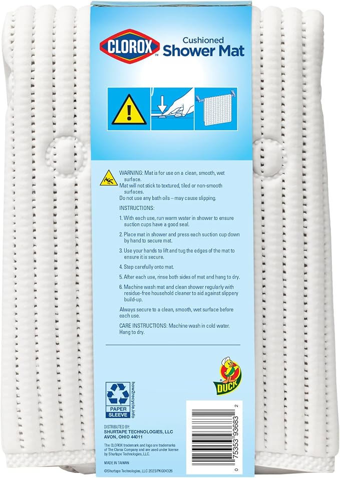 Duck Brand Clorox Cushioned Shower Mat, Non Slip Bathtub Mat with Suction Cups, 21 Inches x 21 Inches, White, 2 Pack
