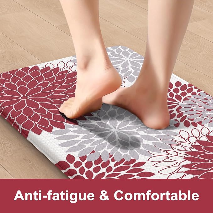 Anti Fatigue Kitchen Mats,17"x59"+17"x29" Non Slip Boho Dahlia Kitchen Rugs Sets of 2,Farmhouse Waterproof Kitchen Mat for Floor,Cushioned Standing Mat for Office,Laundry,Sink,Desk,Red