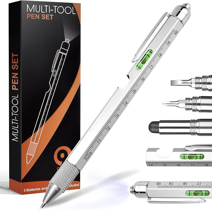 9 in 1 Multi-Tool Pen for Men, Tools with Ballpoint Pen, Screwdrivers, LED Light, Ruler, Stylus, Bubble Level and Bottle Opener, Practical Fathers Day Birthday Gifts for Men Dad Handyman DIY Lovers