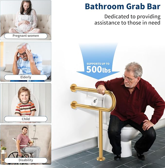 Toilet Grab Bar with Leg 24x28 Inch, ZUEXT Brushed Gold Knurled Toilet Support Bar with Toilet Paper Holder, Stainless Steel Wall & Floor Mounted Bathroom Support Rail for Elderly Disabled Pregnant