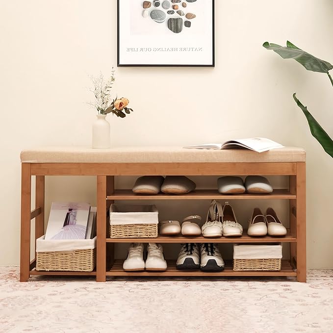 PETKABOO Shoe Rack Bench with Cushion 39.4“, Shoe Rack for Front Door Entrance, Shoe Bench with Storage for Entryway Hallway Bedroom Living Room