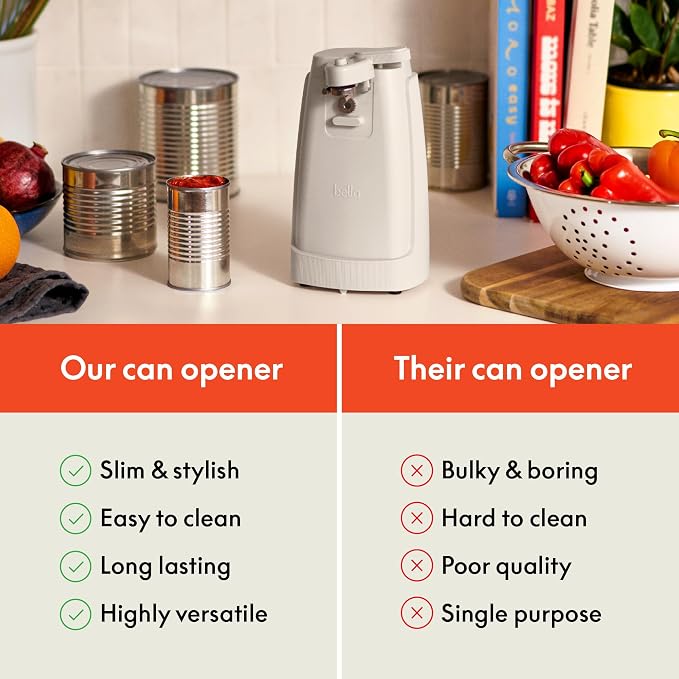 bella Electric Can Opener and Knife Sharpener, Removable Cutting Lever, Cord Storage, Stainless Steel Blade, Oatmilk