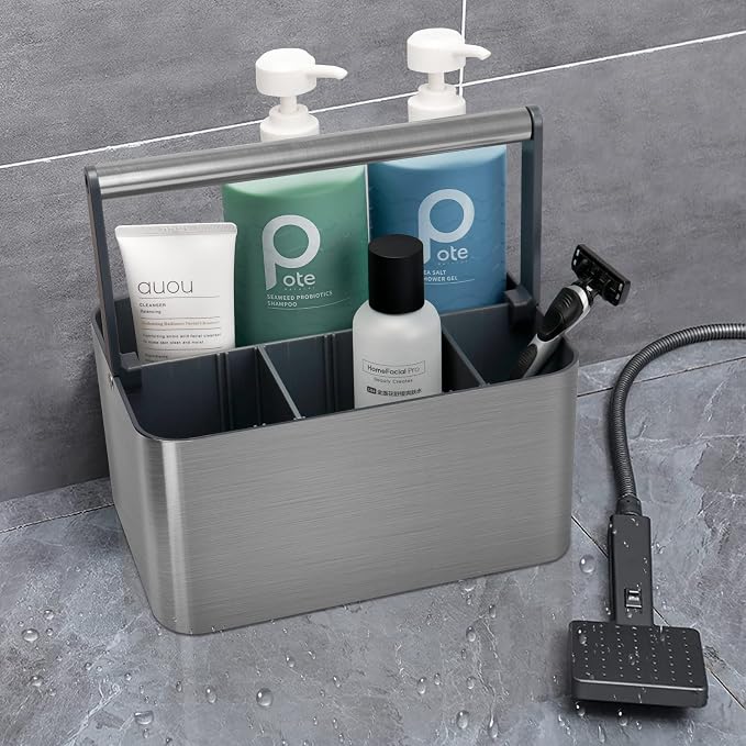 BYUNER Portable Shower Caddy Dorm: Compact Bathroom Caddy Organizer with Handle & Adjustable Dividers, Hard Plastic Shower Basket Storage Tote for Toiletry, College Dorm Room Essentials for Men Gray
