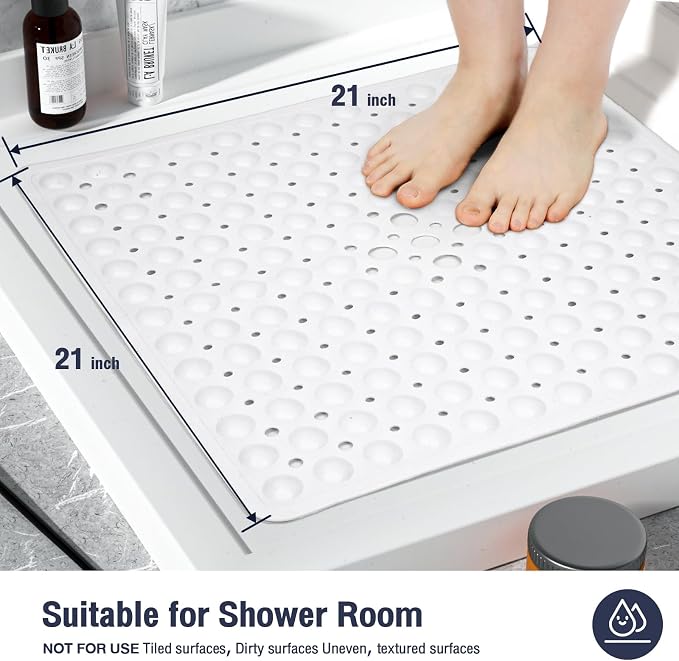 White Square Shower Bathtub Mat Non Slip 21x21 Inch, Soft Bath Mat for Inside Shower Tub, Shower Stall Mats for Bathroom Floor with Big Suction Cups Drain Holes, Easy Washable Dry BPA-Free