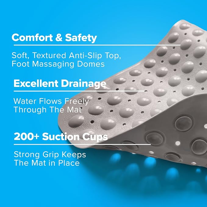 SlipX Solutions Power Grip Extra Long Bath Tub & Shower Mat 39x16, Wet Floor Non-Slip for Elderly & Kids Bathroom, 30% Longer Bathtub Mats, 200 Suction Cups, Drain Holes, Machine Wash, Tan