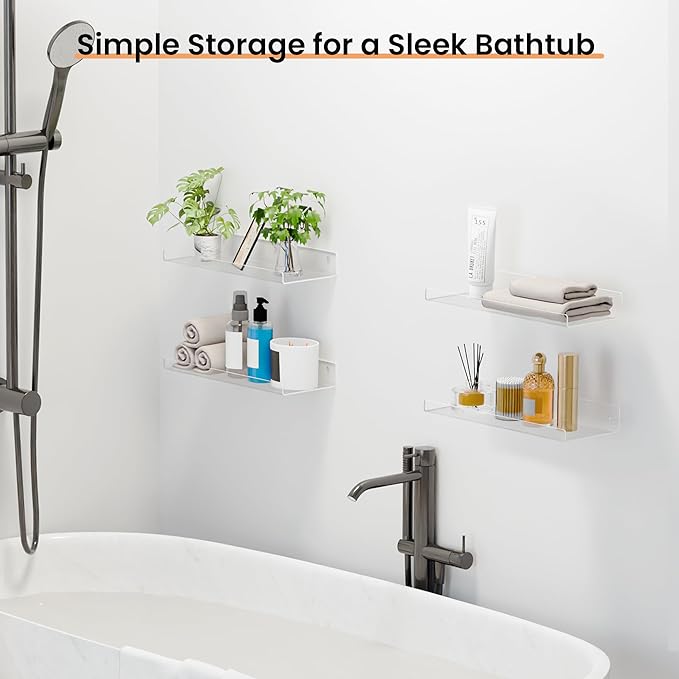 upsimples 4 Pack 15x6 Inches Acrylic Bathroom Shelves for Wall, Floating Bathroom Shelves Over Toilet, Storage Shelf for Toilet Paper, Towels and Toiletries, Clear