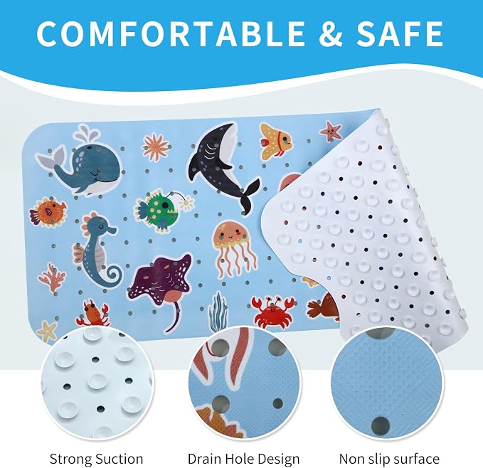 Bath Tub Shower Mat Non Slip Kids Bathtub Mat Anti Slip Baby Bath Mat for Tub 40 x 16 Inch Extra Long Toddler Bath Mat with Suction Cups and Drain Holes for Bathroom Floor,Seahorse Seaturtle