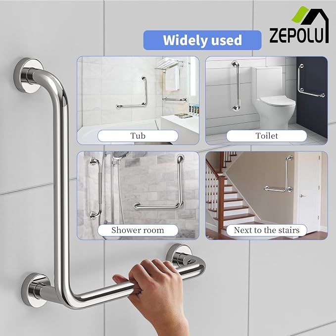 Polished Chrome L-Shaped Grab Bar 16x16 Inch + Knurled Shower Grab Rail 20 Inch, Zepolu Stainless Steel Angled Toilet Safety Bar, Bathroom Mobility Aid Handrail, Balance Support Assist Bar for Senior