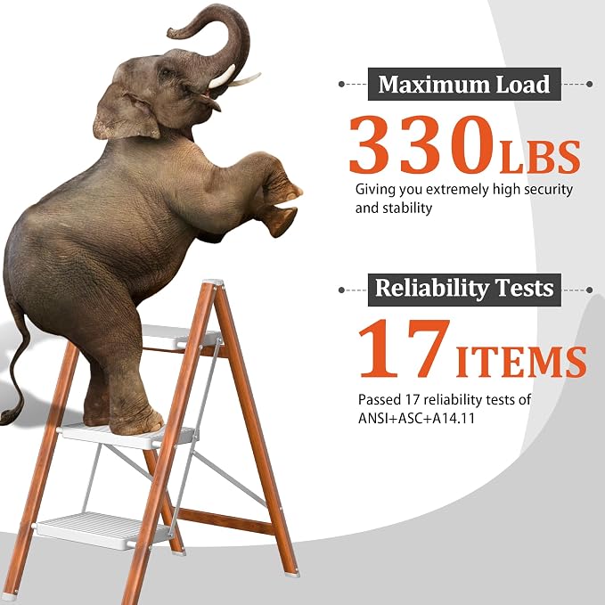 DIAMONDFORGE 3 Step Ladder, Lightweight Folding Step with Wide Anti-Slip Pedal & Feet, 330 lbs Capacity,Sturdy Steel Step Ladder for Home,Office and Library,Light Woodgrain