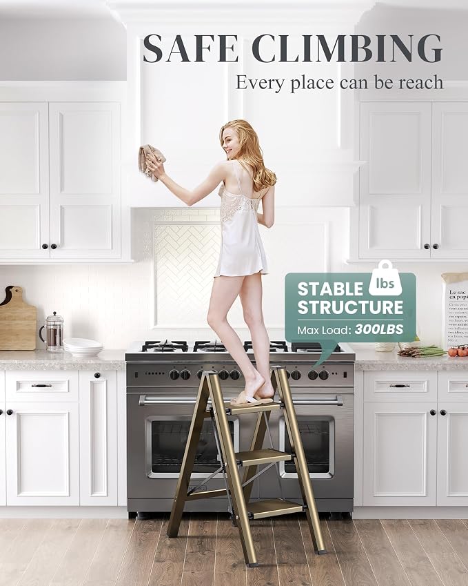 3 Step Ladder, Folding Step Stool with Wider Pedal, Anti-Slip Feet & Non Slip Stripes, Aluminum Sturdy Material, 300Lbs Capacity, Elegant Look of Champagne Gold Better Matches Your Home