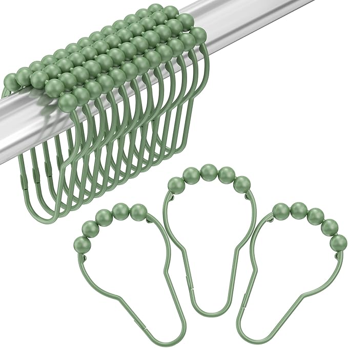Amazer Shower Curtain Hooks, Decorative Shower Curtain Hooks, Sage Green Rustproof Stainless Steel Shower Hooks for Shower Curtain Liner Shower Rod Hook 12pcs