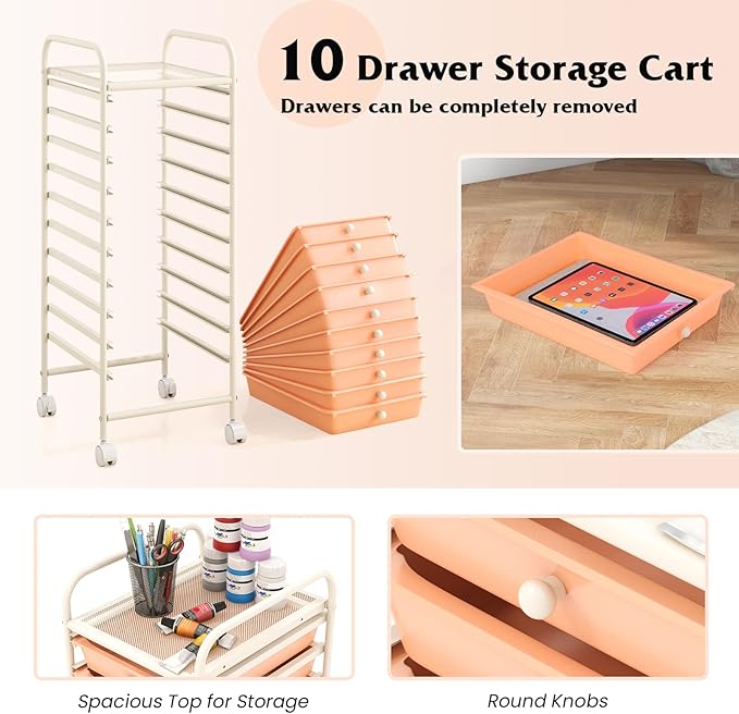 10-Drawer Rolling Storage Cart, Trolley w/Lockable 360° Wheels, 10 Removable PP Drawers, Sturdy Metal Frame, Rolling Utility Cart Perfect for Home, Office, Classroom (Peach Fuzz)
