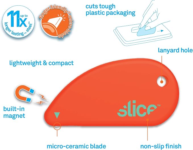 Slice Micro Safety Cutter | Safe Ceramic Box Cutter Lasting 11x Longer than Metal | Keychain Box Opener | Combo Pack | Blue + Orange