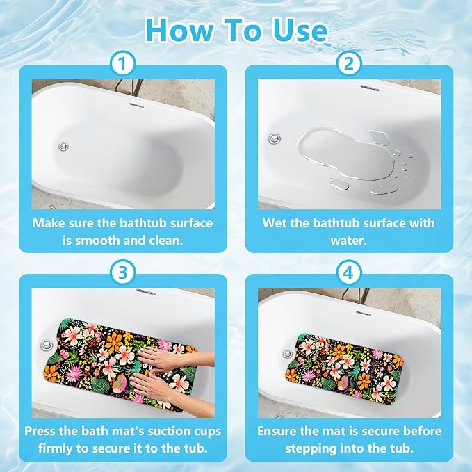 Bath Mat for Tub Non Slip, Floral Aesthetic Bathtub Mats for Girls Non Slip Shower Mat， Machine Washable 40"x16" Flower Tub Mats with Suction Cups and Drain Holes for Women Tropical Bathroom Decor
