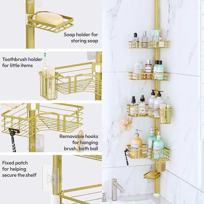 SWTYMIKI Shower Caddy Tension Pole - 4-Tier Corner Shower Organizer Tension Rod with Soap Holder, Toothbrush Holder & 4 Hooks, Adjustable Stainless Steel Bathroom Organizer 27.6 to 108.3 inch, Gold