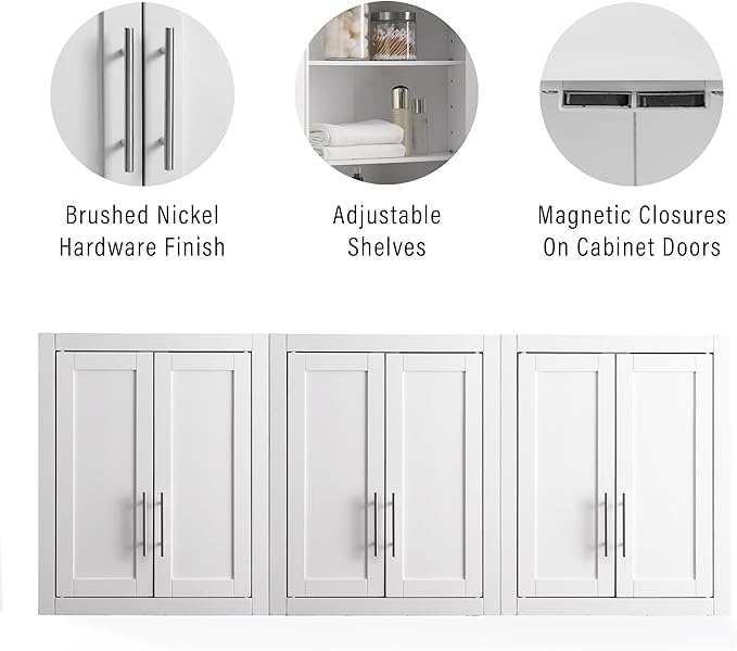 Crosley Furniture Savannah 3-Piece Wall Kitchen Storage Cabinet, Cabinets for Laundry, Bathroom, White