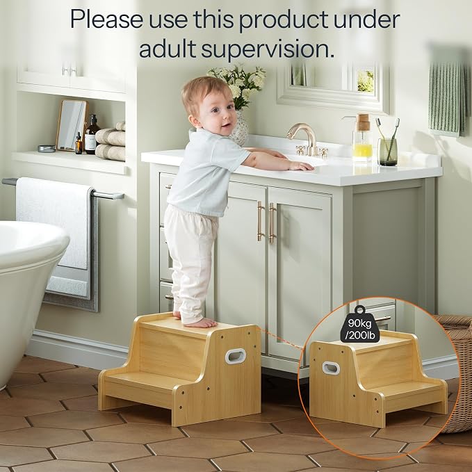 HOOBRO Step Stool for Kids, Two Step Toddler's Stool, Kids Potty Training Stool with Handles, Non-Slip Pads for Safety, Easy to Move, for Sink, Bathroom, Bedroom, Natural NL01JD01G3