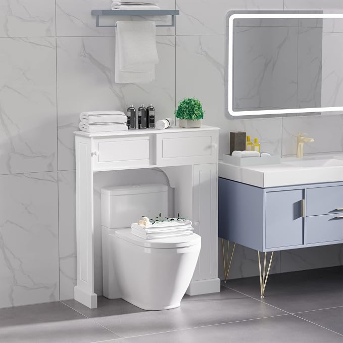 HOMCOM Over The Toilet Bathroom Cabinet, Freestanding Bathroom Storage Organizer with Adjustable Shelves, Toilet Rack, White