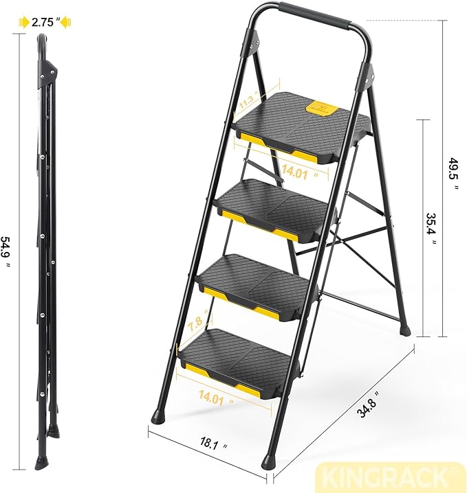 KINGRACK 4 Step Ladder, Sturdy Steel Step Stool with Safe-Lock Design, Handrail, Anti-Slip Wide Pedals, Pass 800lbs Load Testing, Folding Portable Ladder for Multi-Purpose, Home, Kitchen, Black