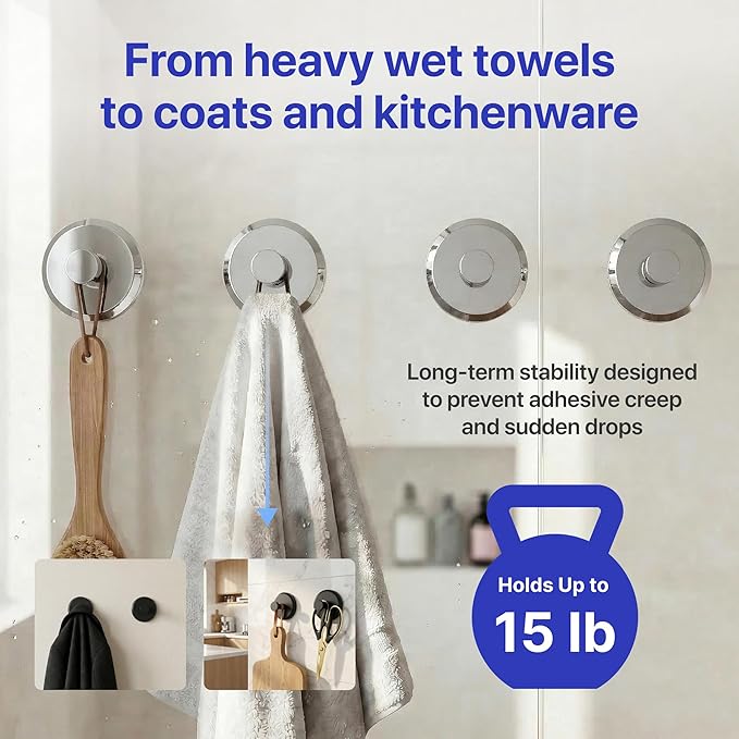 HOME SO Suction Cup Hooks for Shower & Bathroom Towel Holder 4-Pack – Suction Cups Hooks for Hanging Towels, Robes, & Coats - Tiles, Glass Door or Mirror – Shower Hooks & Towel Hooks Organizer -Chrome