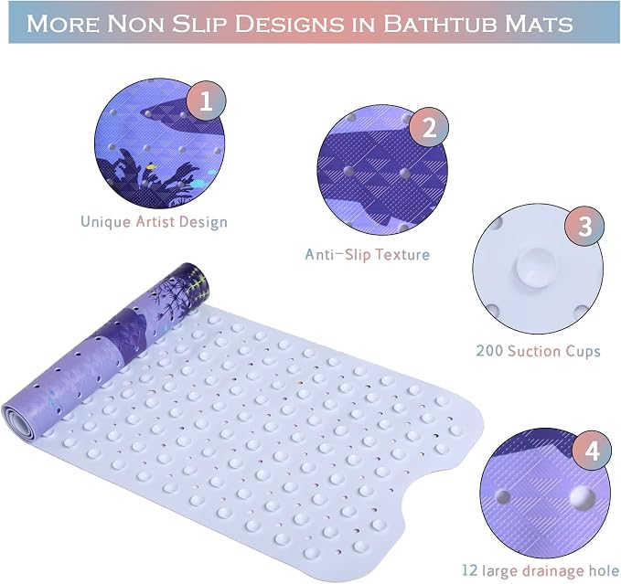 Blue Sea Bathtub Mat Non Slip for Kids 40x16in Extra Long Shark Ocean Whale Tropical Fish Anti Slip Shower Mat for Bathroom with Large Drain Holes and Suction Cups Quality Bath Mats and Bathtub Decor