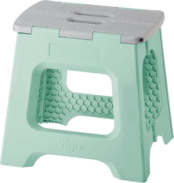 Vigar Compact Folding Step Stool - 12-1/2 Inch Foldable Step Stool for Adults, Lightweight Portable Stool with Handle, Non Slip Step Stool, Space-Saving Stool up to 330 lb - Light Turquoise