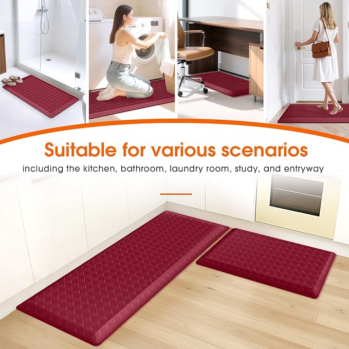 TranquilRelax 4/5 Inch Thick 2-Piece Anti-Fatigue Kitchen Mats, Cushioned Non-Slip Waterproof Sink & Stove Floor Mats, Comfortable Standing Rug Set for Kitchen, Laundry & Entryway, Red