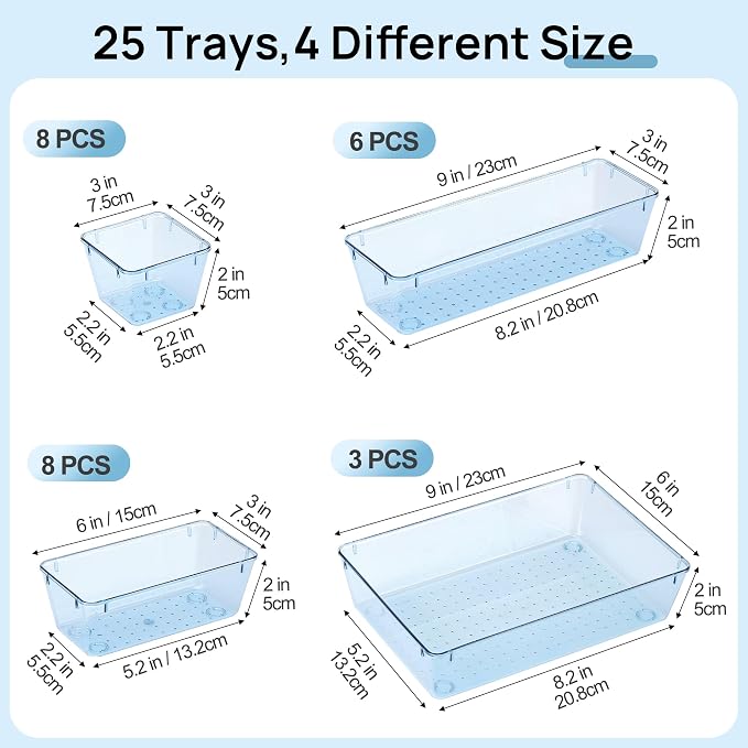 Vtopmart 25 PCS Plastic Drawer Organizers Set, 4-Size Versatile Bathroom and Vanity Drawer Organizer Trays, Storage Bins for Makeup, Bedroom, Kitchen Gadgets Utensils and Office