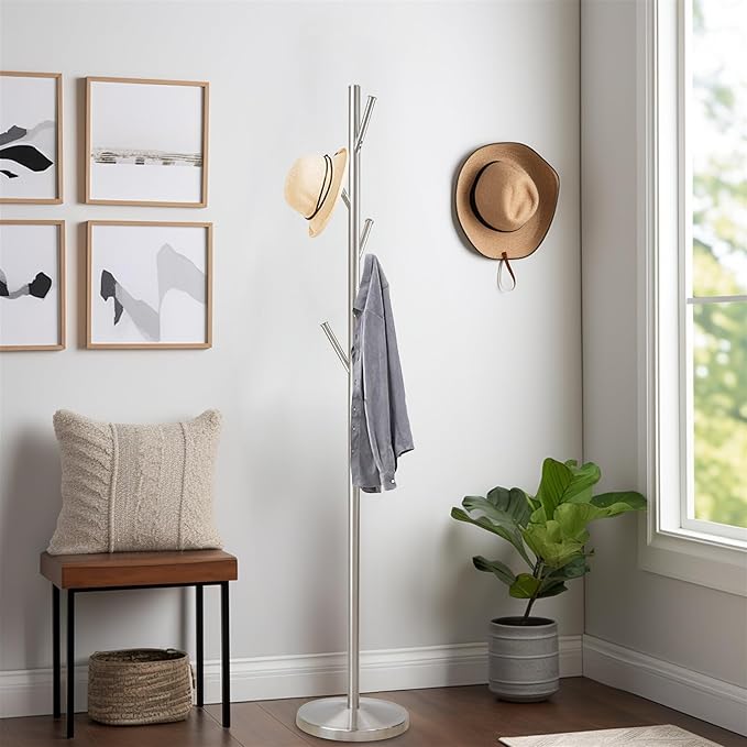 Kira Home Addison 68" Modern Standing Coat Rack with 6 Hanging Hooks, Sleek Metal Silver Coat Stand with Weighted Base, Satin Steel Finish
