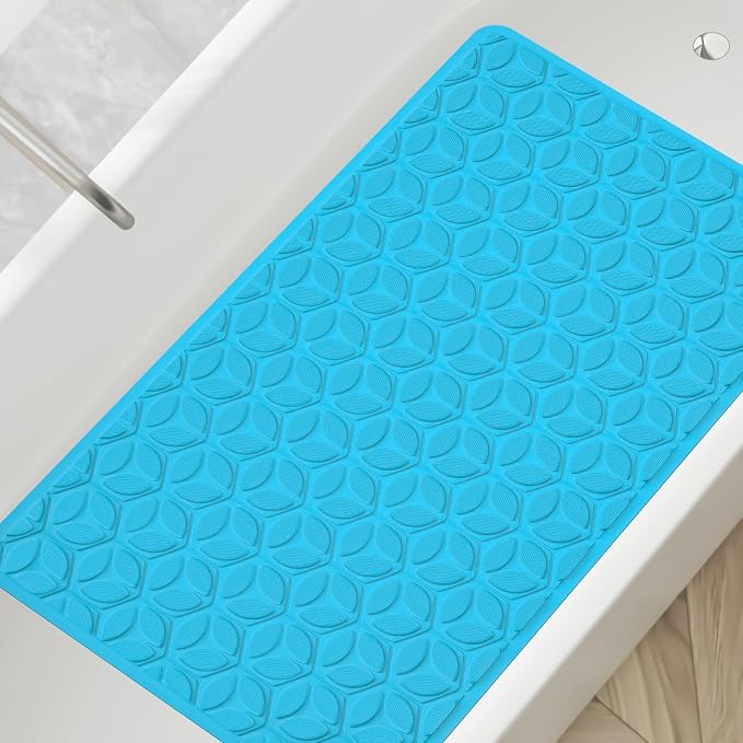 Bathtub Mat Non Slip with Suction Cups - 100% Rubber Bathroom Mat Textured for Bath Tub Shower Safety - Soft on Touch - BPA/PVC Free - Pet Dog Bath Mat - Machine Washable - 16 × 28 Inch（R Blue）