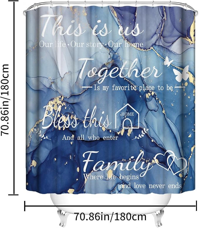 4Pcs Family Marble Shower Curtain Set,Blue Home Inspirational Bathroom Sets with Shower Curtain and Rugs, Bathroom Decor Set,Waterproof Bathroom Curtains Shower Set,with 12 Pcs Hooks