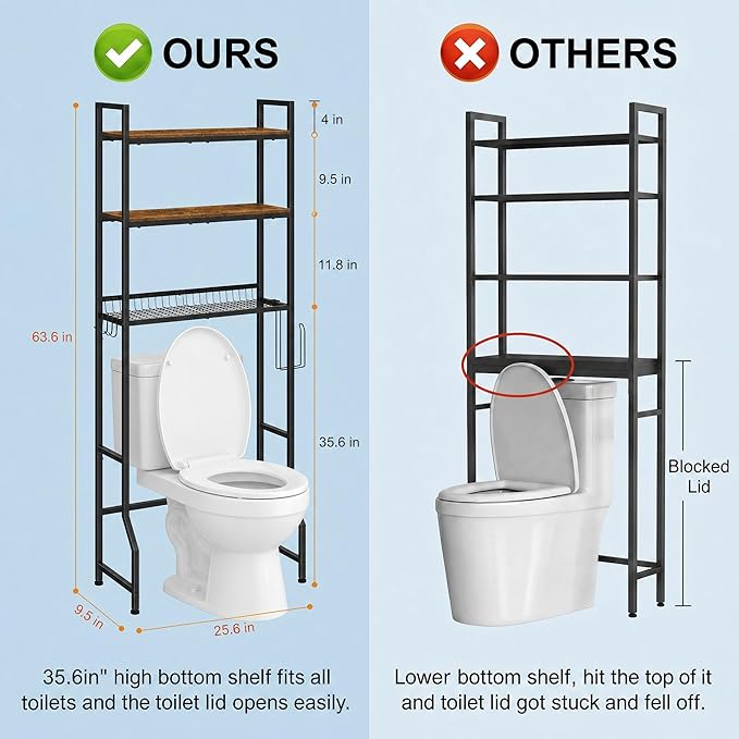 Over The Toilet Storage, Over Toilet Bathroom Organizer 3 Tier, Above Toilet Storage Rack for Bathroom Freestanding Bathroom Space Saver with Metal Frame and 4 Hooks for Laundry, Brown