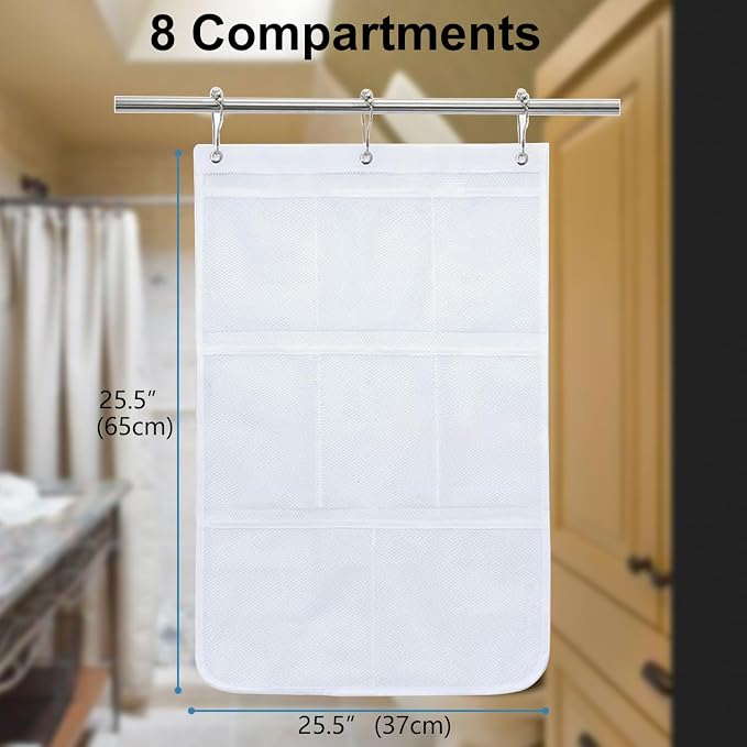 Bathroom Hanging Shower Organizer, 8 Pockets Mesh Shower Caddy with Easy Drying Mesh, Over The Door Bathroom Hanging Organizer for Soap, Shampoo and Cruise Essentials, White, 2 Pack
