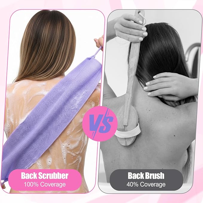 3 Pcs Exfoliating Washcloth with Handles, Double-Sided Back Scrubber Washer for Shower Body Scrub Towel Stretchable Back Washer Shower Towel for Women Bath Showers Exfoliation